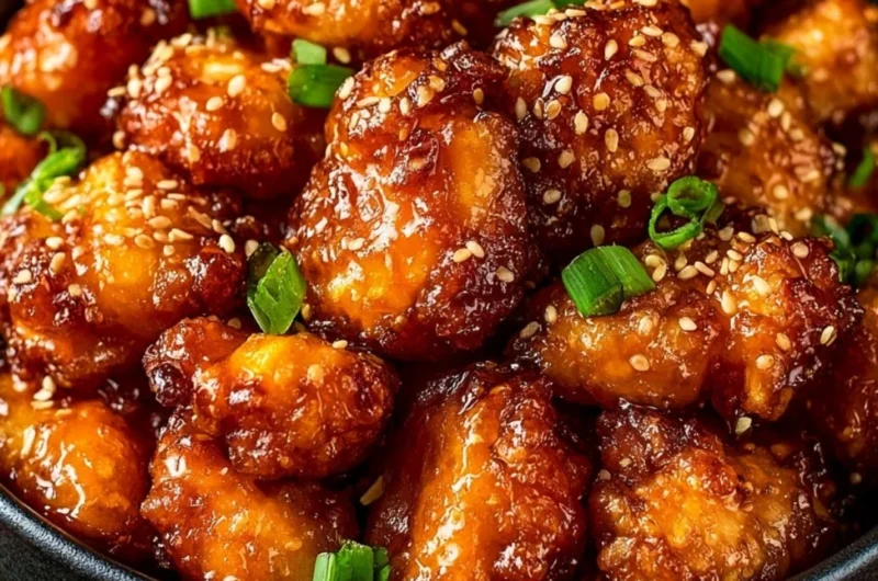 Homemade orange chicken served in a bowl with rice and garnish