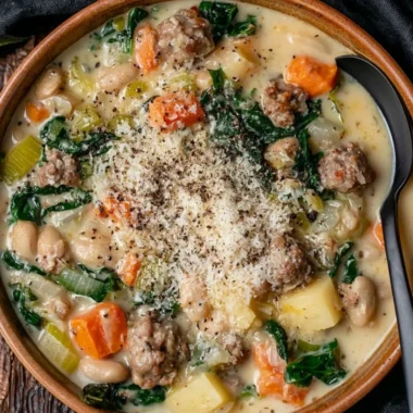 Bowl of Italian Sausage and White Bean Soup garnished with herbs