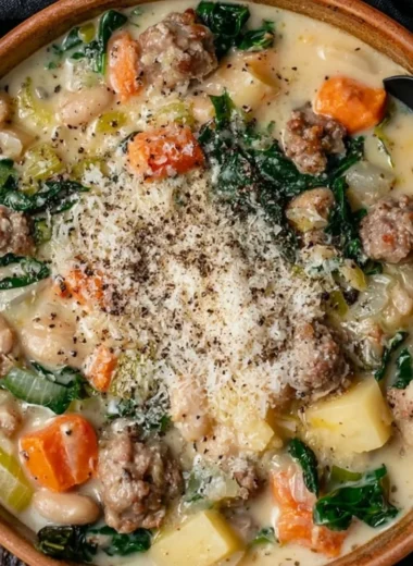 Bowl of Italian Sausage and White Bean Soup garnished with herbs