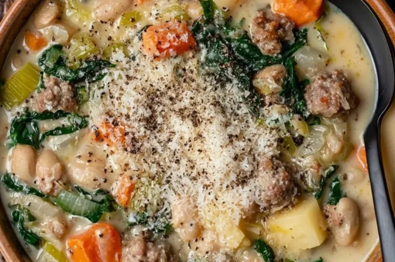 Bowl of Italian Sausage and White Bean Soup garnished with herbs