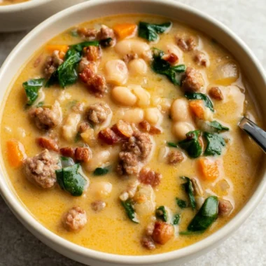 Bowl of Italian Sausage White Bean Soup with herbs and bread
