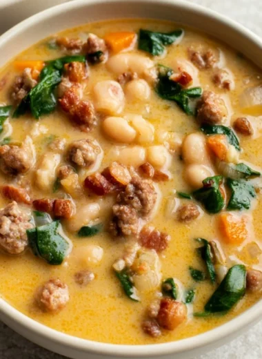 Bowl of Italian Sausage White Bean Soup with herbs and bread