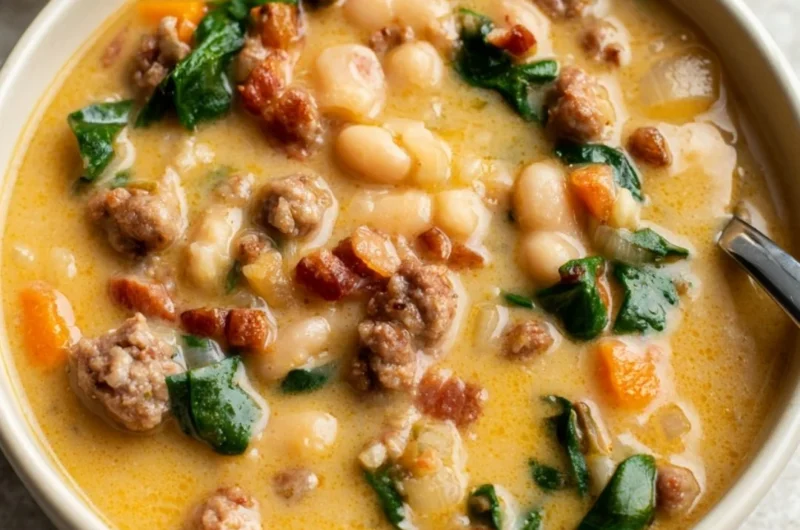 Bowl of Italian Sausage White Bean Soup with herbs and bread