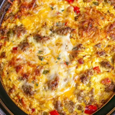 Delicious overnight crockpot breakfast casserole with eggs and vegetables