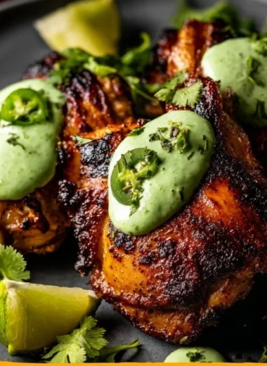 Peruvian grilled chicken served with creamy green sauce on a plate