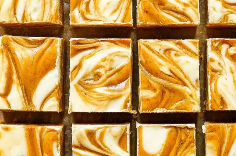 Delicious pumpkin cheesecake bars topped with cream cheese frosting.