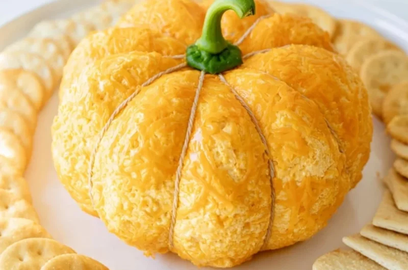 Pumpkin shaped cheese ball decorated for fall gatherings