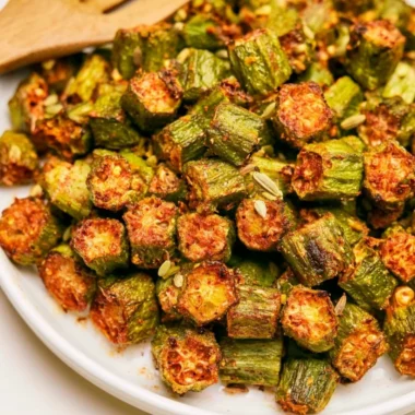 Bowl of crispy roasted okra seasoned with spices