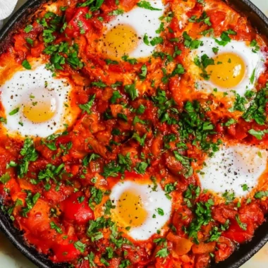 Delicious shakshuka served in a skillet with eggs and tomato sauce
