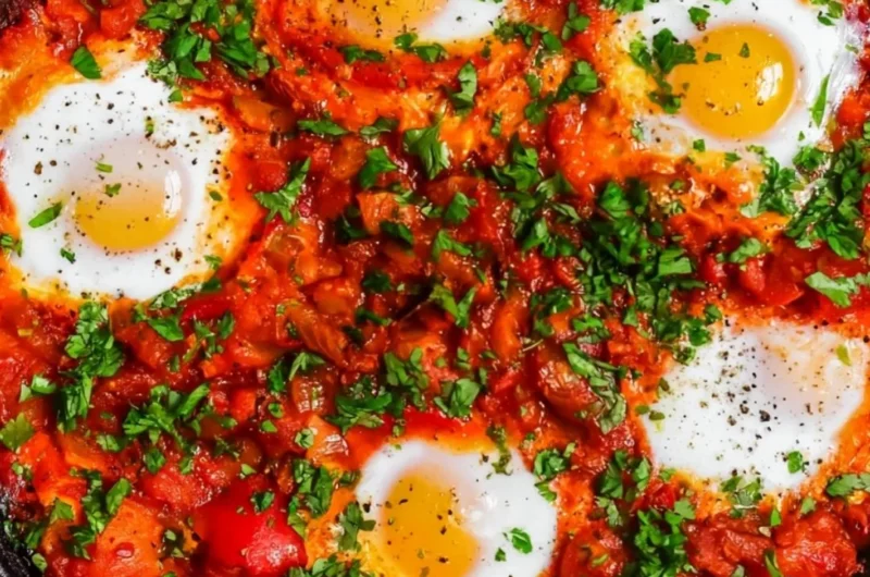 Delicious shakshuka served in a skillet with eggs and tomato sauce
