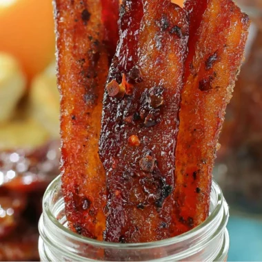 Sweet and Spicy Candied Bacon with a glossy glaze and toppings