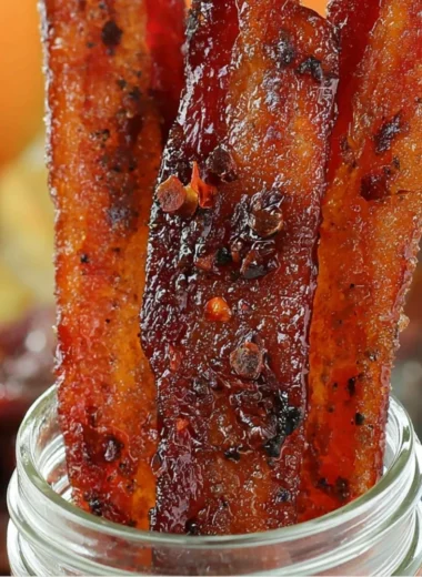 Sweet and Spicy Candied Bacon with a glossy glaze and toppings