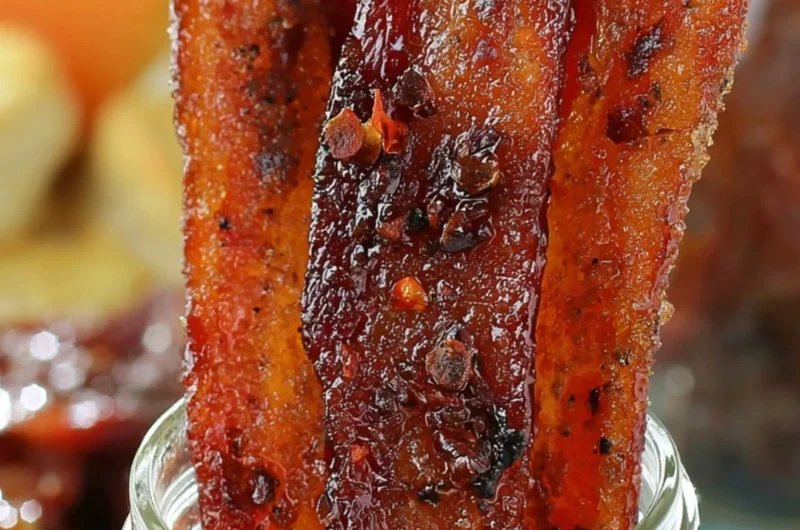 Sweet and Spicy Candied Bacon with a glossy glaze and toppings