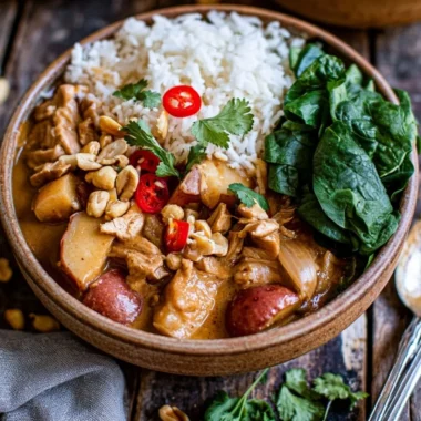 Bowl of Thai Massaman Curry with tender meat and aromatic spices