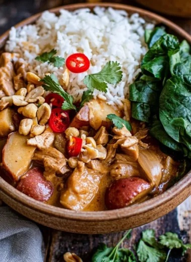 Bowl of Thai Massaman Curry with tender meat and aromatic spices