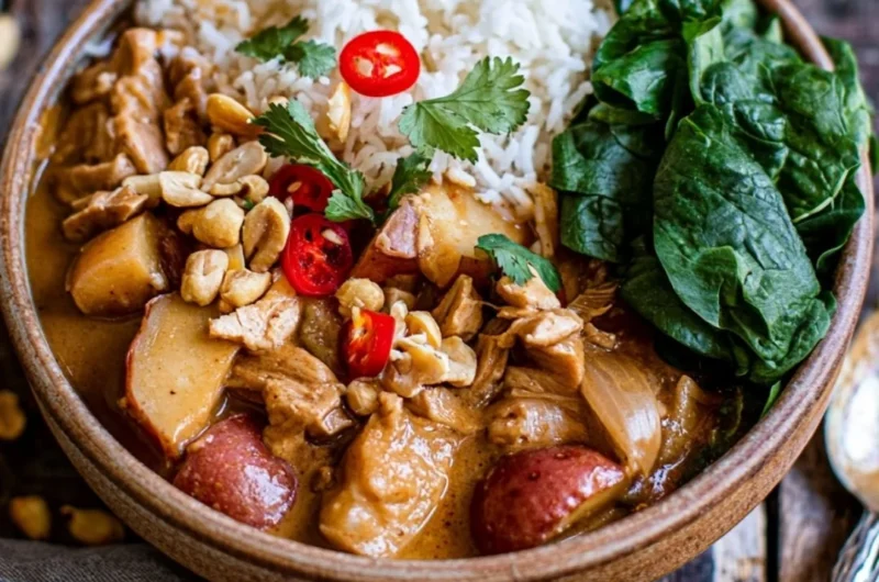 Bowl of Thai Massaman Curry with tender meat and aromatic spices