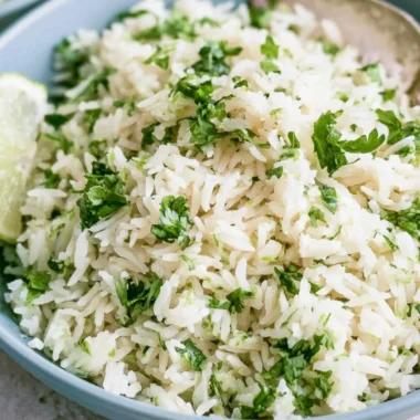 Delicious cilantro lime rice served in a bowl, inspired by Chipotle's recipe