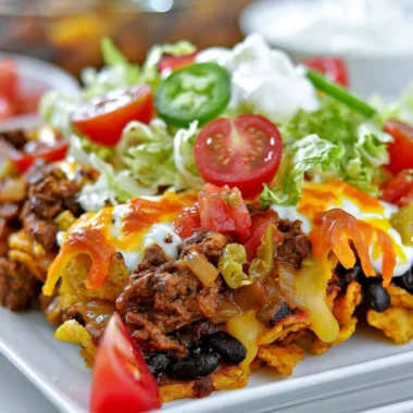Delicious Walking Taco Casserole topped with cheese and fresh ingredients