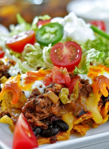 Delicious Walking Taco Casserole topped with cheese and fresh ingredients