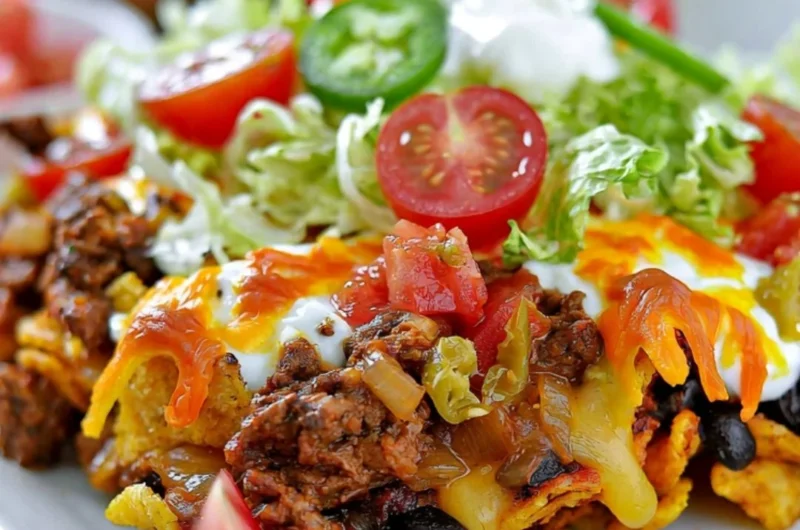 Delicious Walking Taco Casserole topped with cheese and fresh ingredients