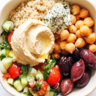 Colorful 5-minute Mediterranean Bowl filled with fresh vegetables and grains.