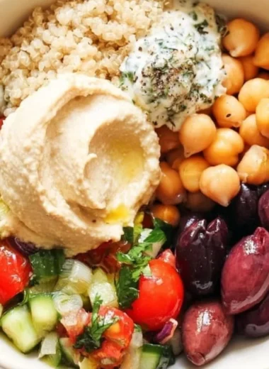 Colorful 5-minute Mediterranean Bowl filled with fresh vegetables and grains.