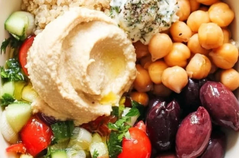 Colorful 5-minute Mediterranean Bowl filled with fresh vegetables and grains.