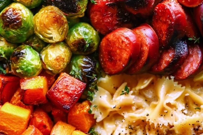Autumn dinner featuring sausage, pasta, Brussels sprouts, and butternut squash on a rustic table.