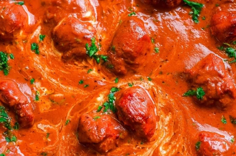 A bowl of cozy Chicken Tikka Masala with rice and fresh herbs