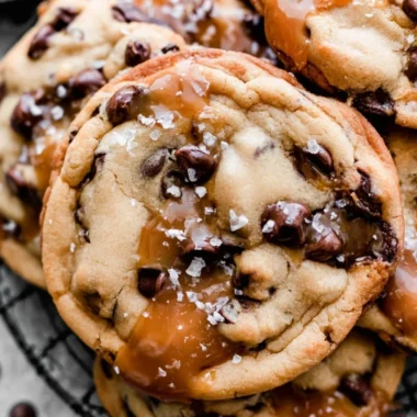 Cozy salted caramel chocolate chip cookies fresh out of the oven