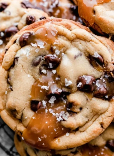 Cozy salted caramel chocolate chip cookies fresh out of the oven