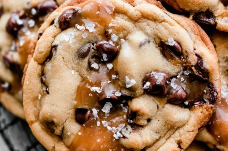 Cozy salted caramel chocolate chip cookies fresh out of the oven