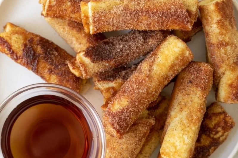Delicious French Toast Roll-Ups served with syrup and berries on a plate