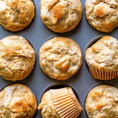 Healthy peanut butter banana muffins baked to perfection with ripe bananas.