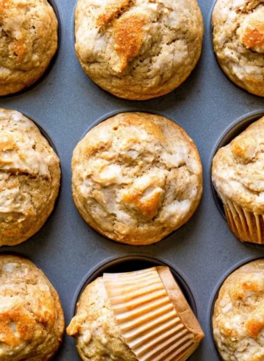 Healthy peanut butter banana muffins baked to perfection with ripe bananas.