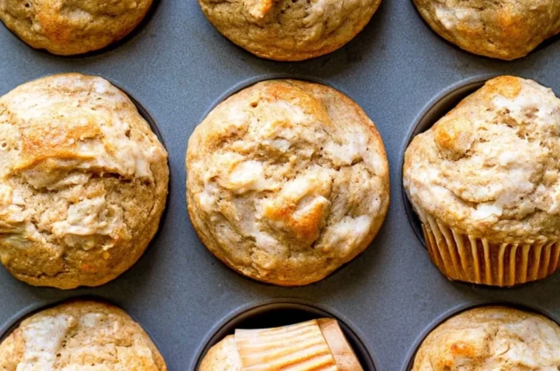 Healthy peanut butter banana muffins baked to perfection with ripe bananas.