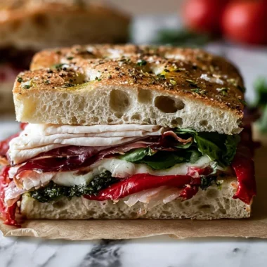 Italian Turkey Focaccia Sandwiches with fresh ingredients on a wooden board