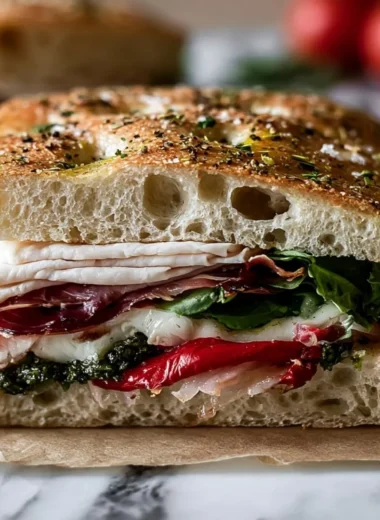 Italian Turkey Focaccia Sandwiches with fresh ingredients on a wooden board