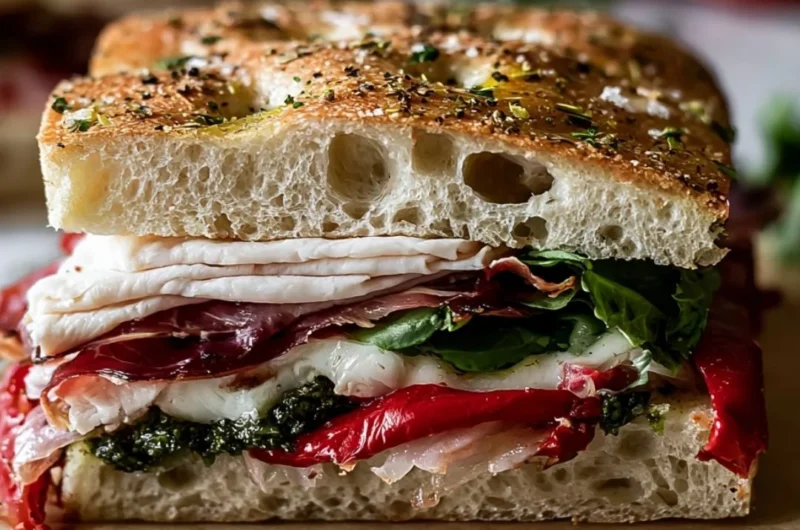 Italian Turkey Focaccia Sandwiches with fresh ingredients on a wooden board