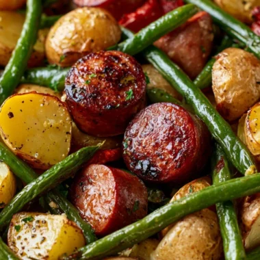 One Pan Sausage with Green Beans and Potatoes ready to serve