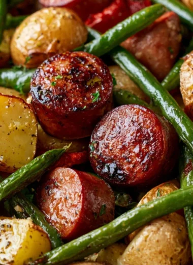 One Pan Sausage with Green Beans and Potatoes ready to serve