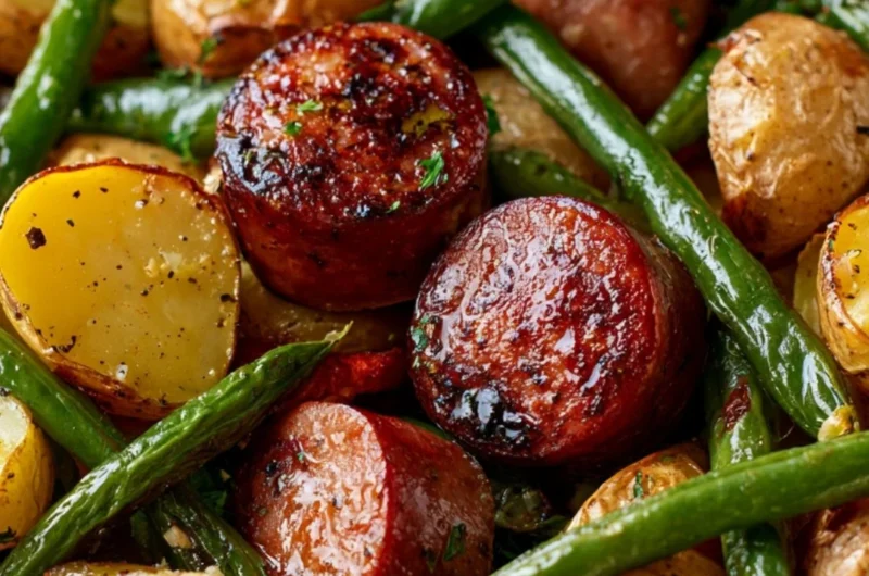 One Pan Sausage with Green Beans and Potatoes ready to serve