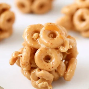 Delicious peanut butter cereal bites ready to eat, perfect for snacking.