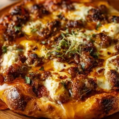 Sweet & Spicy Sausage Ricotta Honey Pizza topped with flavorful sausage and drizzled with honey
