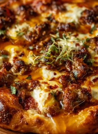 Sweet & Spicy Sausage Ricotta Honey Pizza topped with flavorful sausage and drizzled with honey