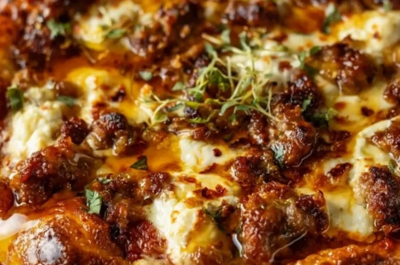 Sweet & Spicy Sausage Ricotta Honey Pizza topped with flavorful sausage and drizzled with honey