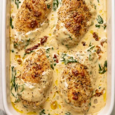 Baked Tuscan Chicken Breast dish garnished with herbs and vegetables.