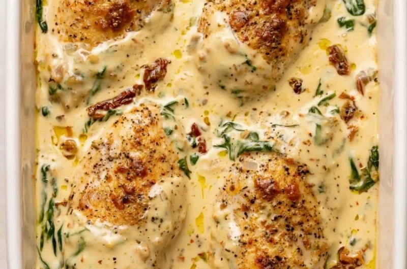 Baked Tuscan Chicken Breast dish garnished with herbs and vegetables.