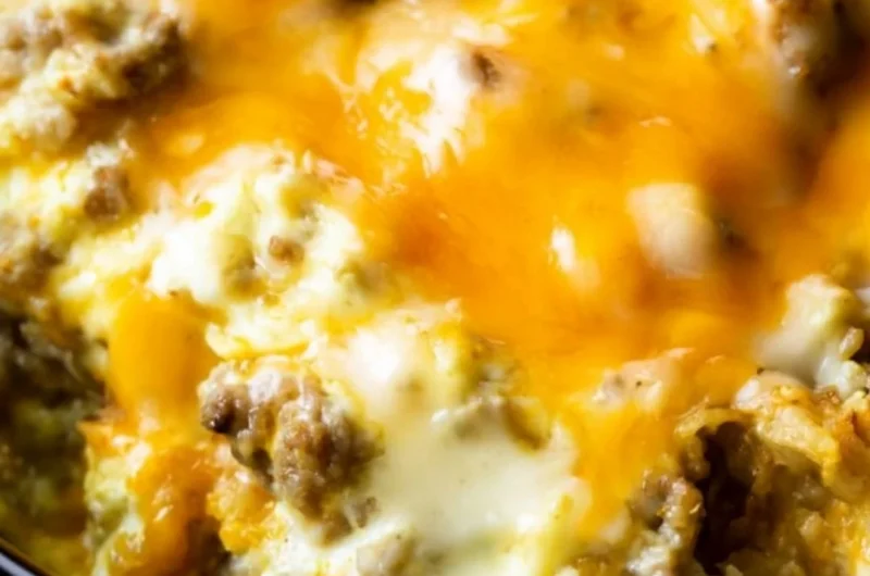Delicious cheesy sausage hashbrown breakfast plate with toppings
