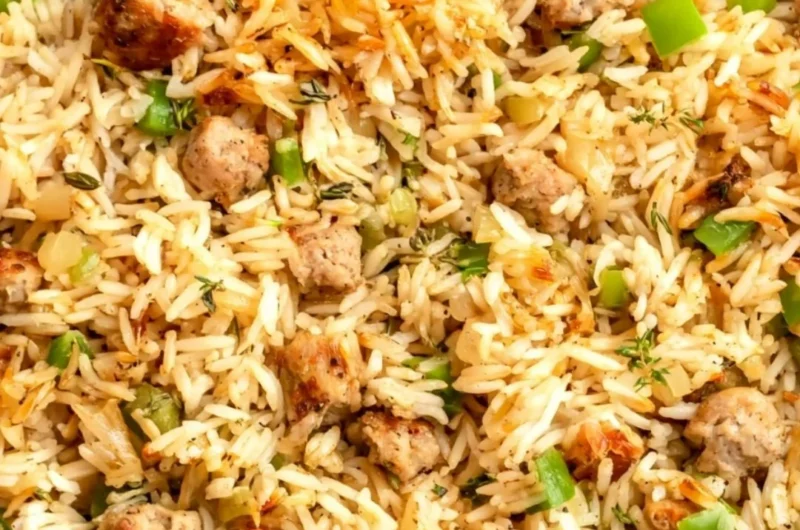 Cozy Cajun Dirty Rice with Sausage served in a bowl, showcasing rich flavors and spices.